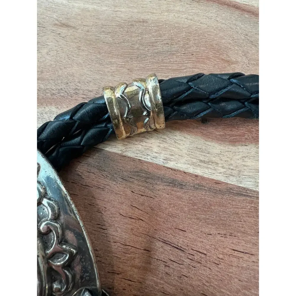 Brighton vintage 90's braided leather belt silver lariat buckle S M L XL black